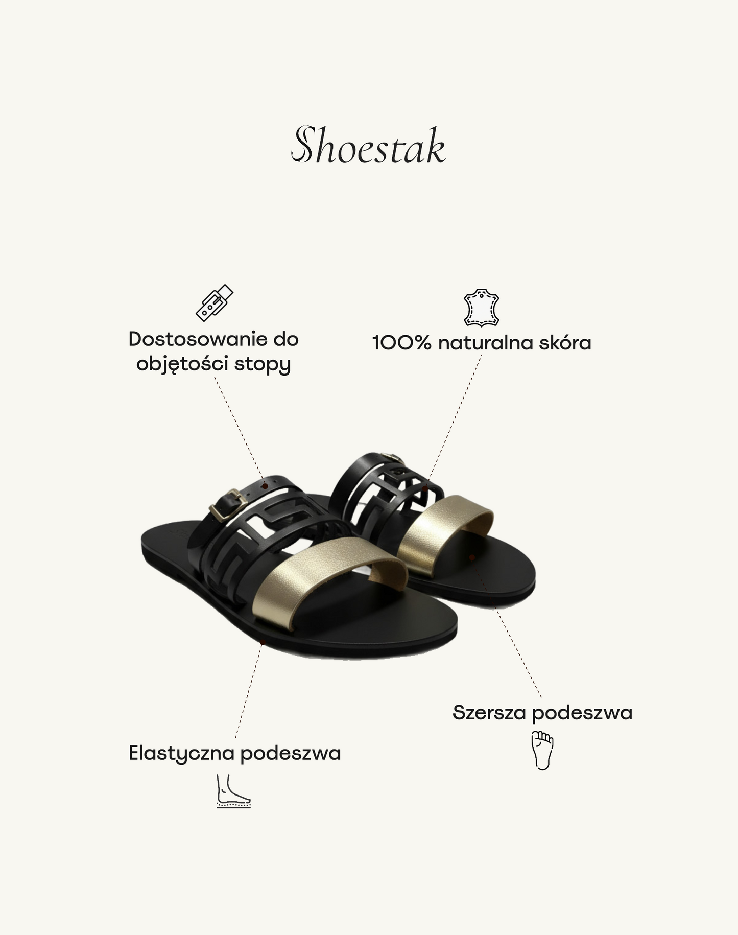 athena sandały na szeroką stopę, grafika produktowa z opisanymi zaletami: dopasowanie do objętości stopy, naturalna skóra, elastyczna i szersza podeszwa