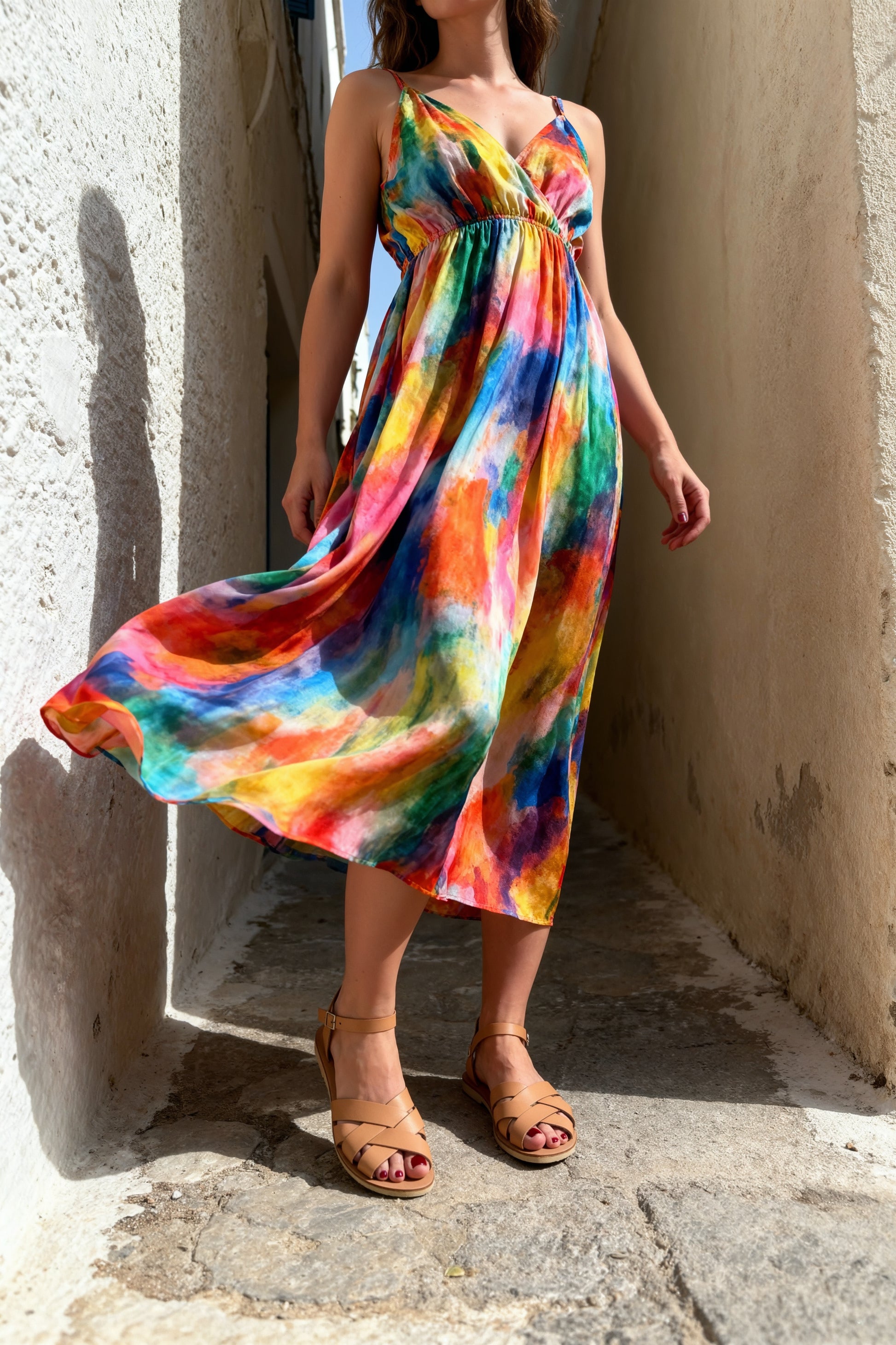 demeter sandały na szeroką stopę, jasnobeżowe, stylizacja letnia z kolorową sukienką, ujęcie na całe nogi w ruchu