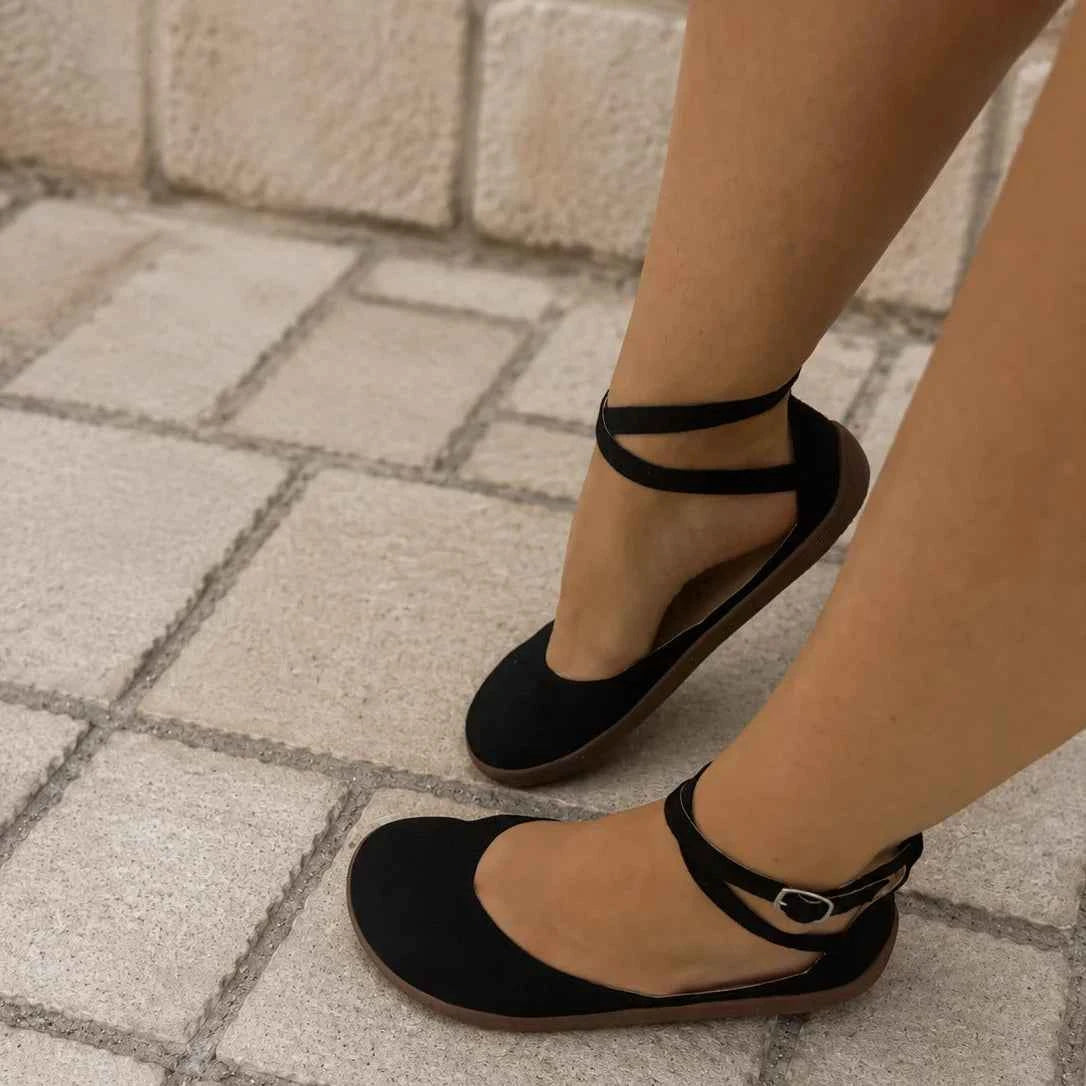 Czarne barefoot baleriny skórzane dla szerokich stóp Daphne